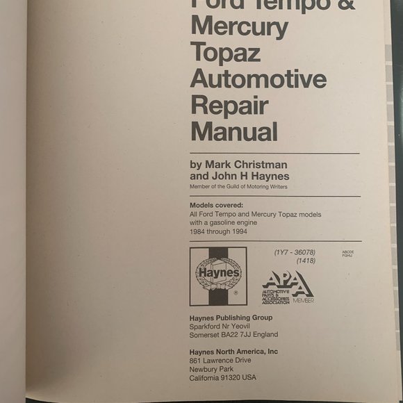 Haynes Ford Tempo & Mercury Topaz 1984-1994 Repair Service Manual 36078 (1418) - Picture 7 of 10